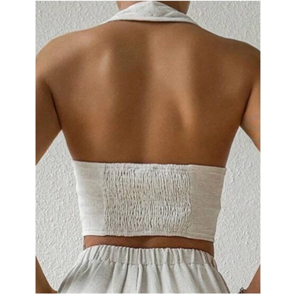 Linen Button Down Halter Crop Top Wide Leg Trouser Pants set - Picture 4 of 5